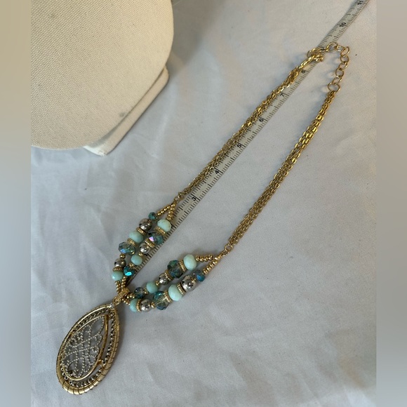 Large goldtone blue bead filigree statement necklace - Picture 3 of 7